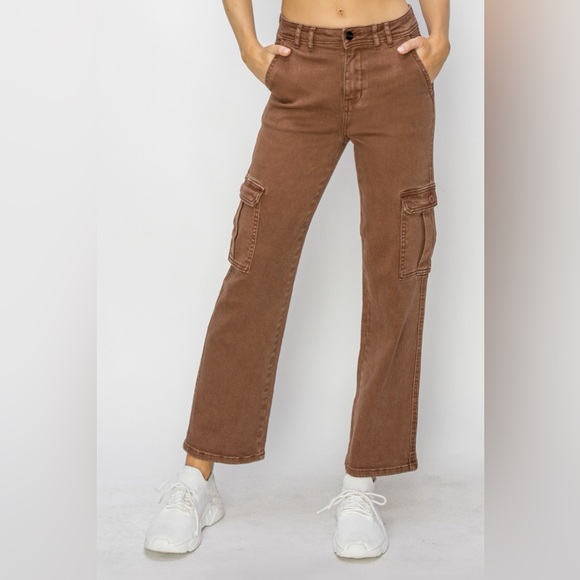 NWT RISEN PLUS + REG Size Espresso Brown High Rise Straight Leg 90s Cargo Jeans - Picture 3 of 10